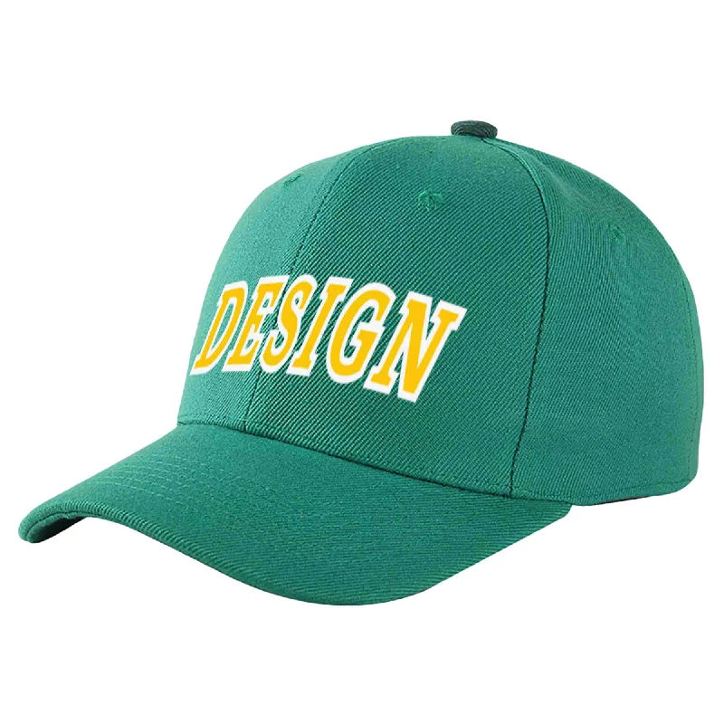 Baseball Cap Mesh-Custom Light Green Gold-White Curved Eaves Sport Design Baseball Cap