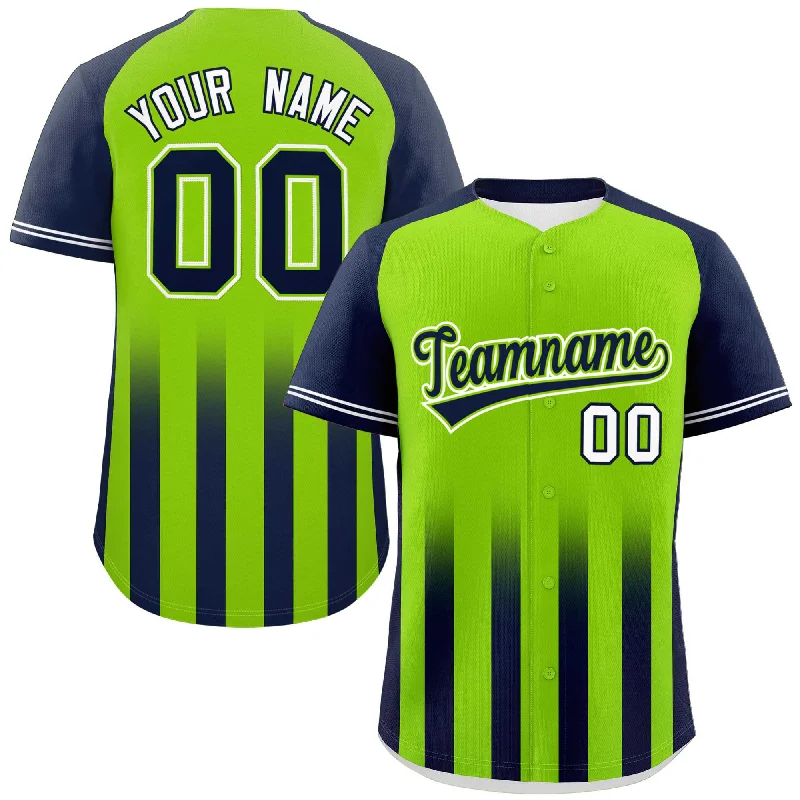 Baseball Jersey Slim Fit-Custom Neon Green Navy Raglan Sleeves Gradient Thick Stripe Authentic Baseball Jersey