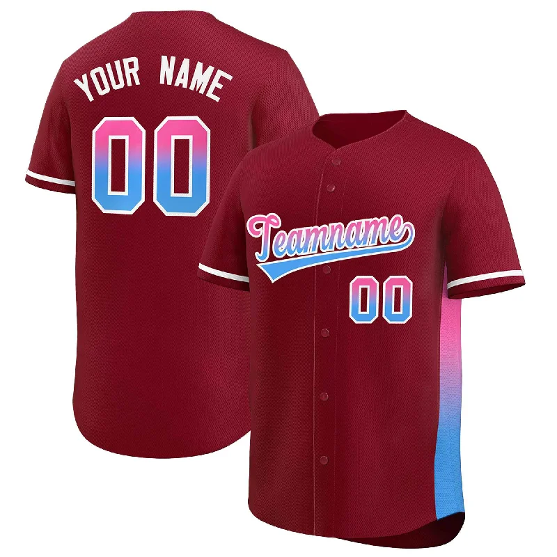 Baseball Jersey Striped-Custom Crimson Pink-Powder Blue Personalized Gradient Font And Side Design Authentic Baseball Jersey