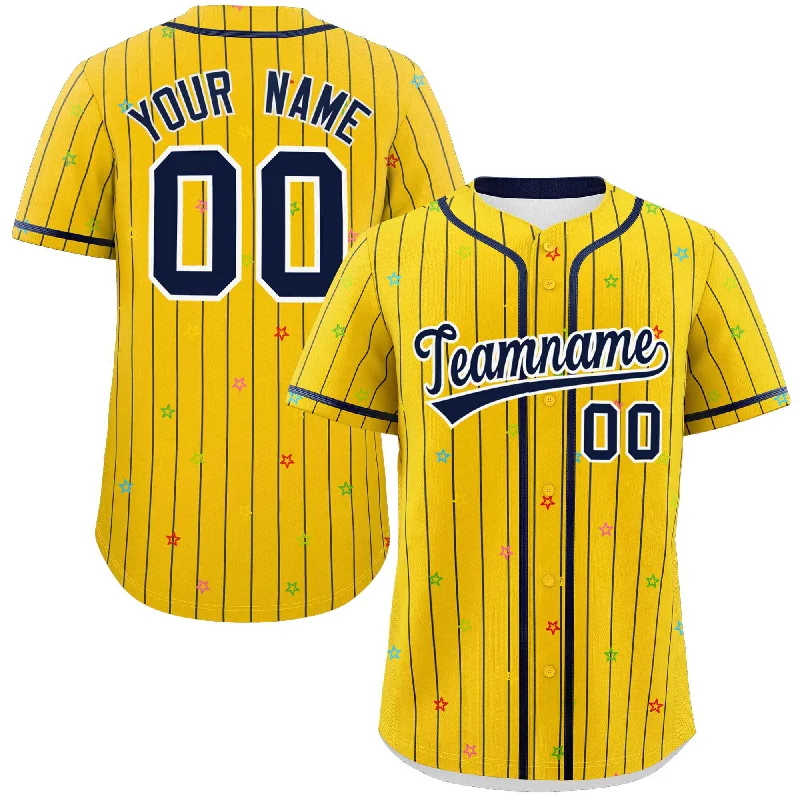 Baseball Jersey Vacation-Custom Gold Navy Stripe Fashion Personalized Star Pattern Authentic Baseball Jersey