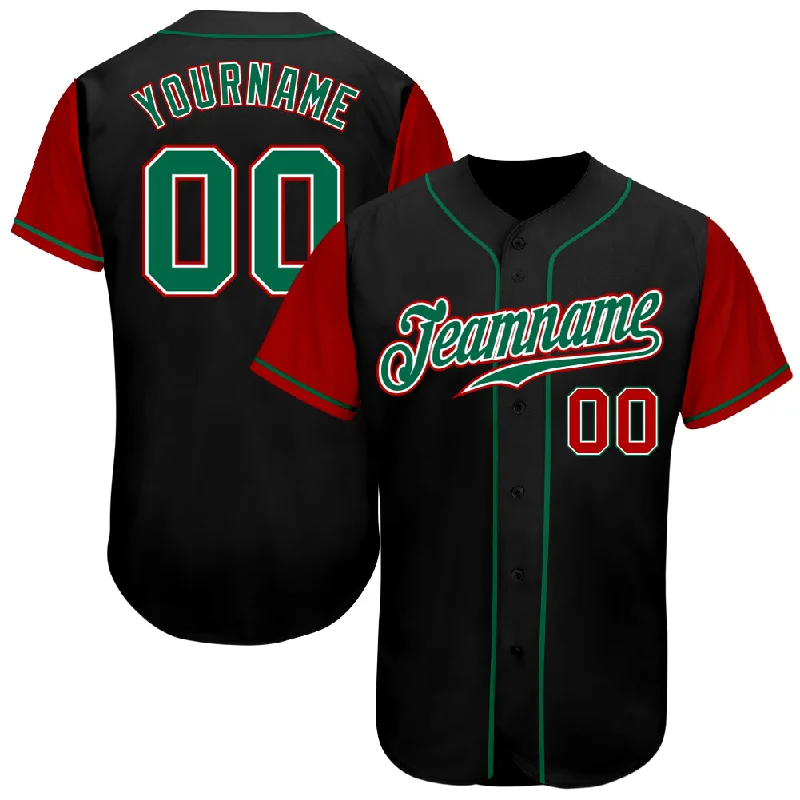 Baseball Jersey Button-Up-Custom Black Kelly Green-Red Authentic Two Tone Baseball Jersey