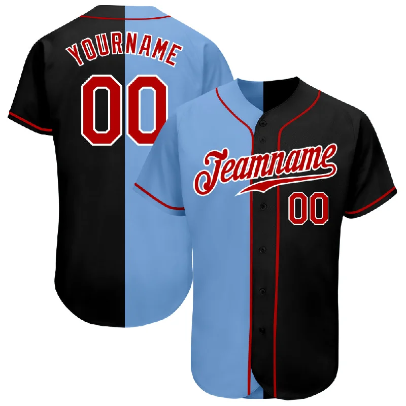 Baseball Jersey Affordable-Custom Black Red-Light Blue Authentic Split Fashion Baseball Jersey