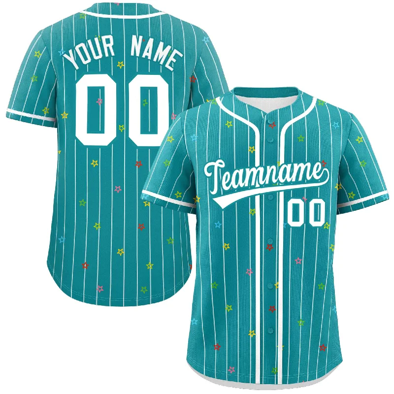 Baseball Jersey Sports-Custom Aqua White Stripe Fashion Personalized Star Pattern Authentic Baseball Jersey