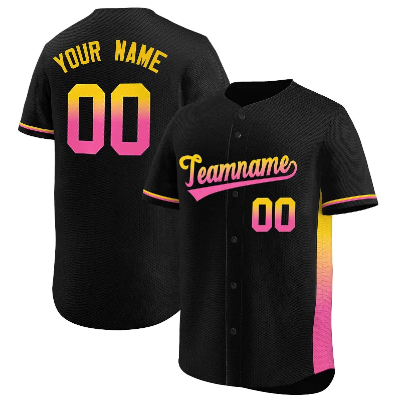 Baseball Jersey Comfortable-Custom Black Gold-Pink Personalized Gradient Font And Side Design Authentic Baseball Jersey