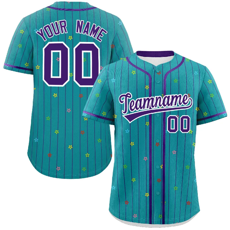 Baseball Jersey Baseball Team-Custom Aqua Purple Stripe Fashion Personalized Star Pattern Authentic Baseball Jersey