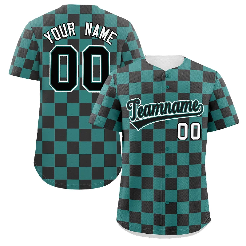 Baseball Jersey Aesthetic-Custom Aqua Black Square Grid Color Block Design Authentic Baseball Jersey