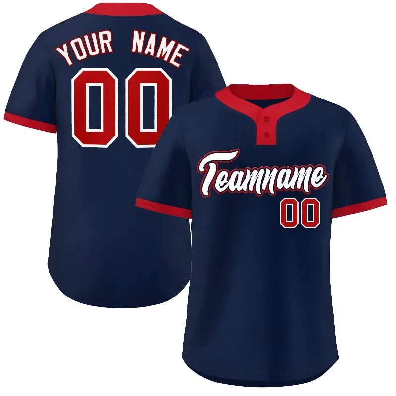 Baseball Jersey Slogan-Custom Navy White-Red Classic Style Authentic Two-Button Baseball Jersey