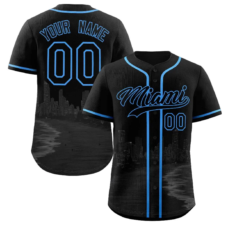 Baseball Jersey Youth-Custom Black Black-Powder Blue Miami City Connect Baseball Jersey