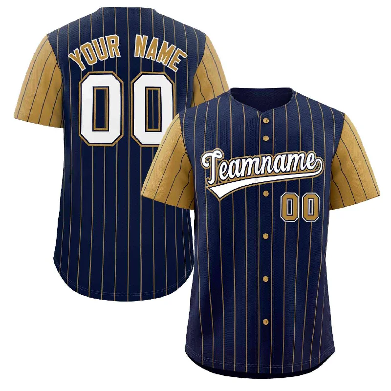 Baseball Jersey Wedding-Custom Navy White-Old Gold Stripe Fashion Raglan Sleeves Authentic Baseball Jersey