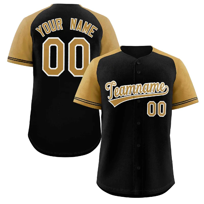 Baseball Jersey Printed-Custom Black Gold-White Raglan Sleeves Authentic Baseball Jersey