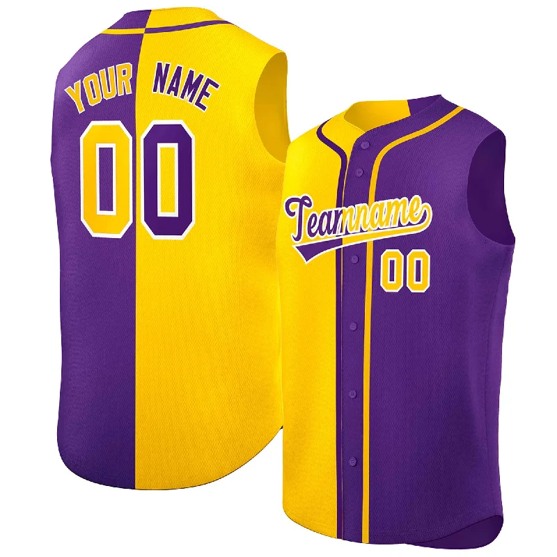 Baseball Jersey Funny-Custom Gold Purple Split Fashion Design Authentic Sleeveless Baseball Jersey