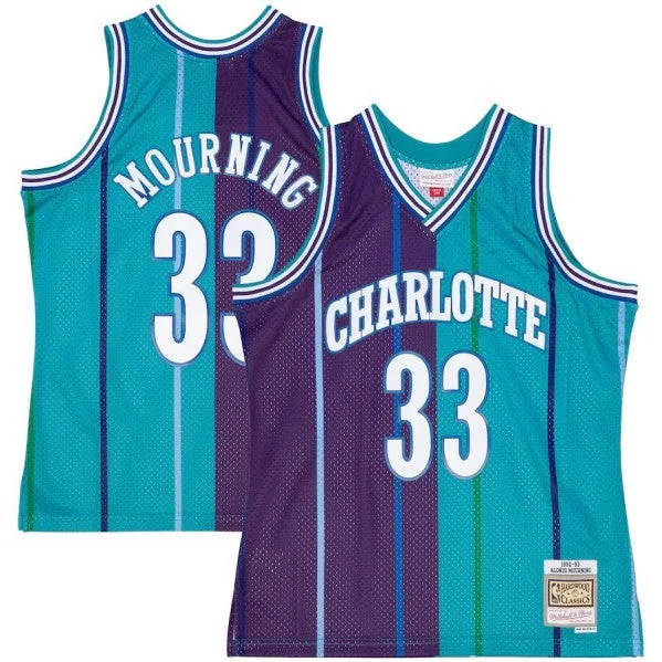 Basketball Jersey Music Band-Men's Charlotte Hornets #33 Alonzo Mourning Split Teal/Purple 1992-93 Mitchell & Ness Swingman Stitched Basketball Jersey