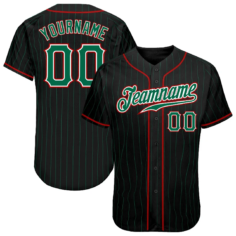 Baseball Jersey Top Rated-Custom Black Kelly Green Pinstripe Kelly Green-Red Authentic Baseball Jersey