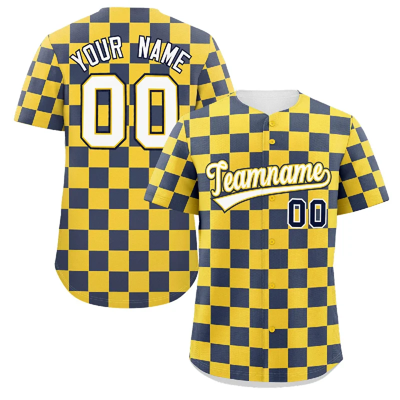 Baseball Jersey Inspirational-Custom Gold Navy Square Grid Color Block Design Authentic Baseball Jersey