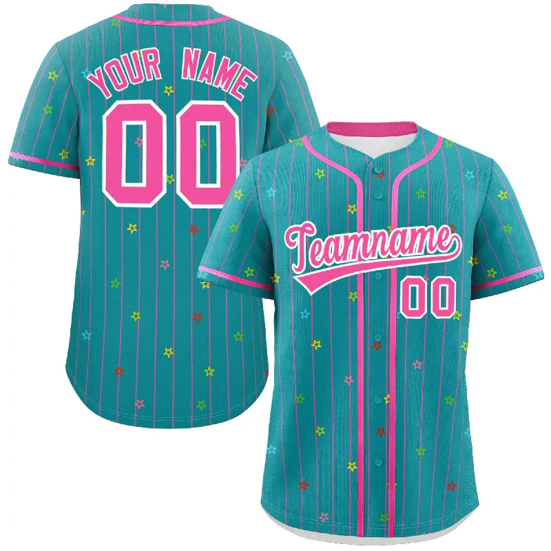 Baseball Jersey High School-Custom Aqua Pink Stripe Fashion Personalized Star Pattern Authentic Baseball Jersey