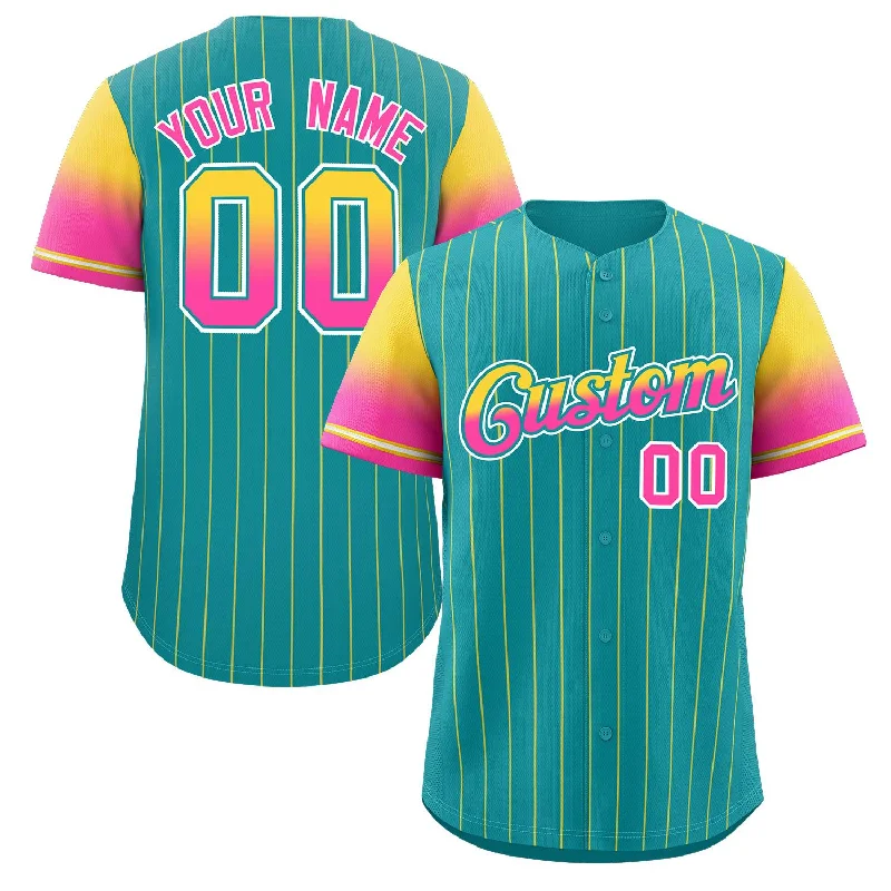 Baseball Jersey Breathable Fabric-Custom Aqua Gold Pink-Aqua Stripe Font Gradient Fashion Authentic Baseball Jersey