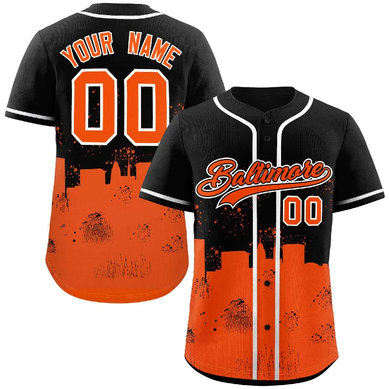 Baseball Jersey Black Friday-Custom Black Orange Personalized Baltimore City Nightscape Authentic Baseball Jersey