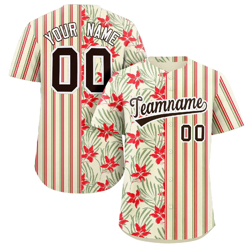 Baseball Jersey Game Day-Custom Khaki Red-Green Hawaii Tropical Flower Stripe Fashion Baseball Jersey