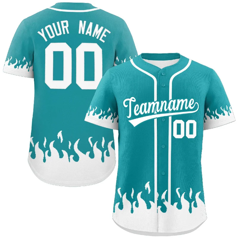 Baseball Jersey UV Protection-Custom Aqua White Personalized Flame Graffiti Pattern Authentic Baseball Jersey