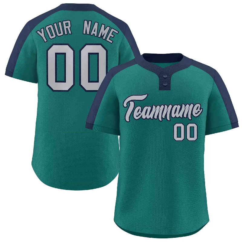 Baseball Jersey Sustainable-Custom Aqua Gray-Navy Classic Style Authentic Two-Button Baseball Jersey