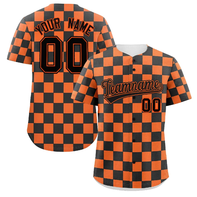 Baseball Jersey V-Neck-Custom Black Orange Square Grid Color Block Design Authentic Baseball Jersey