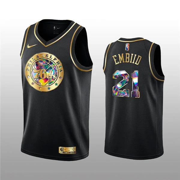 Basketball Jersey Slogan-Men's Philadelphia 76ers #21 Joel Embiid 2021/22 Black Golden Edition 75th Anniversary Diamond Logo Stitched Basketball Basketball Jersey