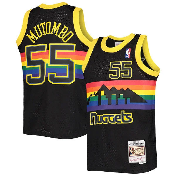 Basketball Jersey Polyester-Men's Denver Nuggets #55 Dikembe Mutombo Black 1991-92 Hardwood Classics Reload Throwback Stitched Basketball Jersey