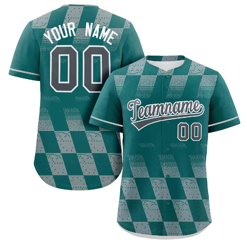 Baseball Jersey Limited Edition-Custom Aqua Gray Grid Speckles Color Block Design Authentic Baseball Jersey