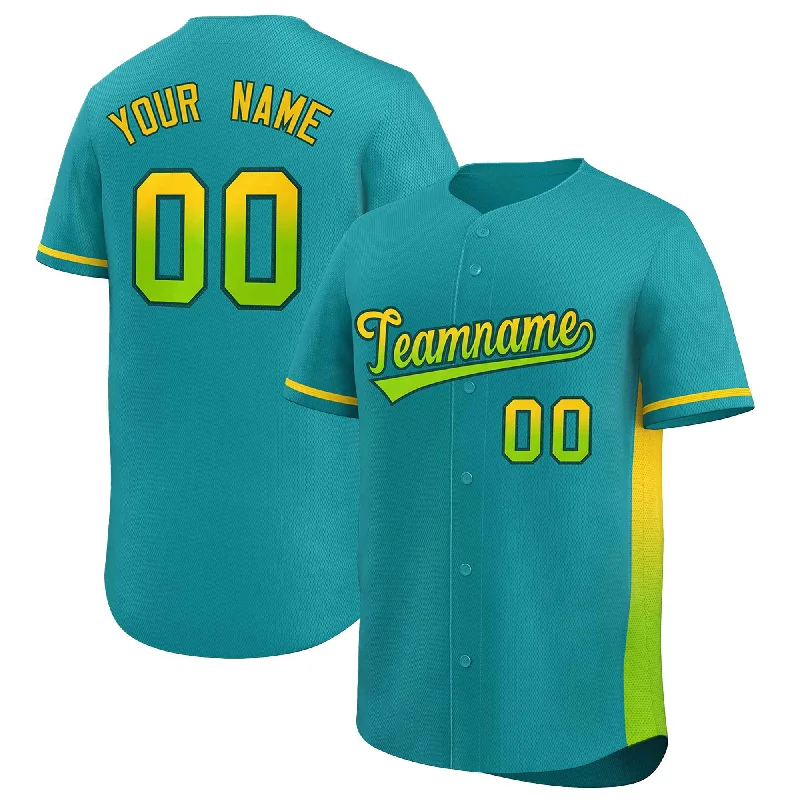 Baseball Jersey Cheap-Custom Aqua Gold-Neon Green Personalized Gradient Font And Side Design Authentic Baseball Jersey