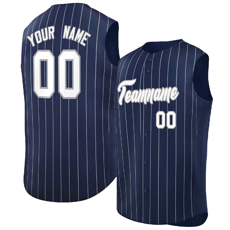 Baseball Jersey Gamer-Custom Navy White-Gray Sleeveless Stripe Fashion Baseball Jersey