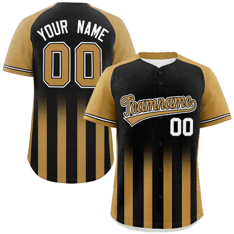 Baseball Jersey Best Seller-Custom Black Old Gold Raglan Sleeves Gradient Thick Stripe Authentic Baseball Jersey