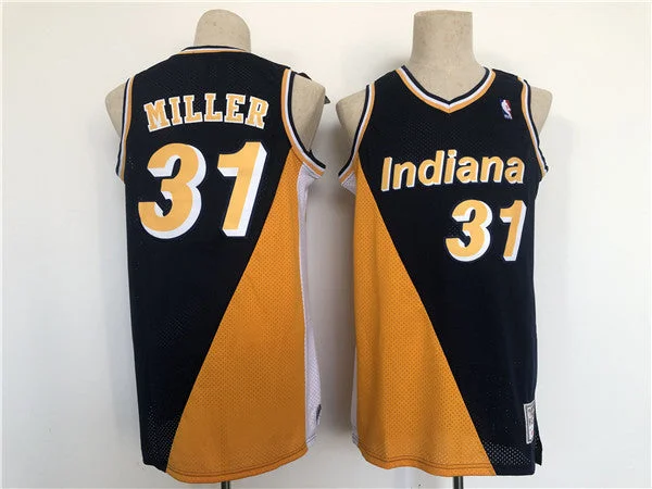 Basketball Jersey Hip Hop-Men's Indiana Pacers #31 Reggie Miller Navy/Yellow Throwback Stitched Basketball Jersey