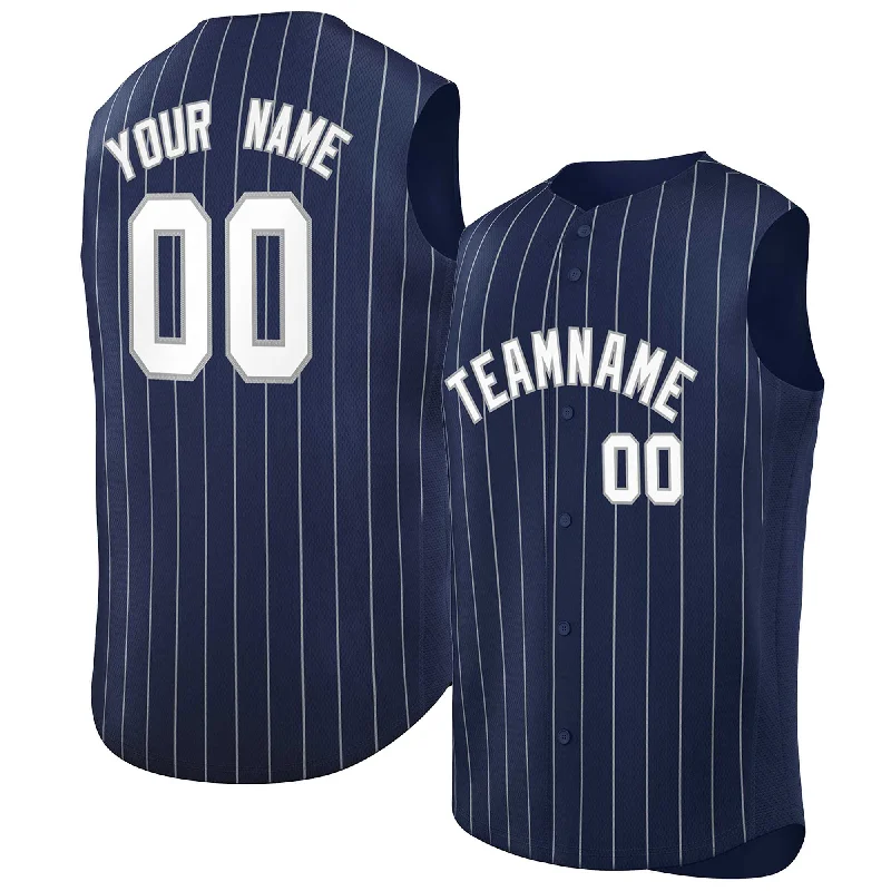 Baseball Jersey Anime-Custom Navy White-Gray Sleeveless Stripe Fashion Baseball Jersey