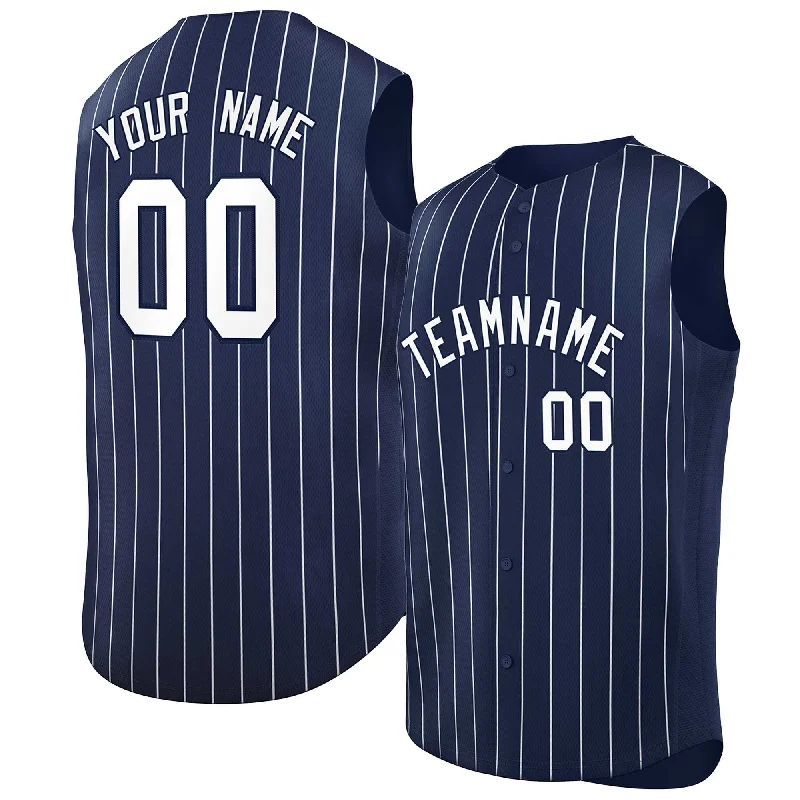 Baseball Jersey TV Show-Custom Navy White-Navy Sleeveless Stripe Fashion Baseball Jersey