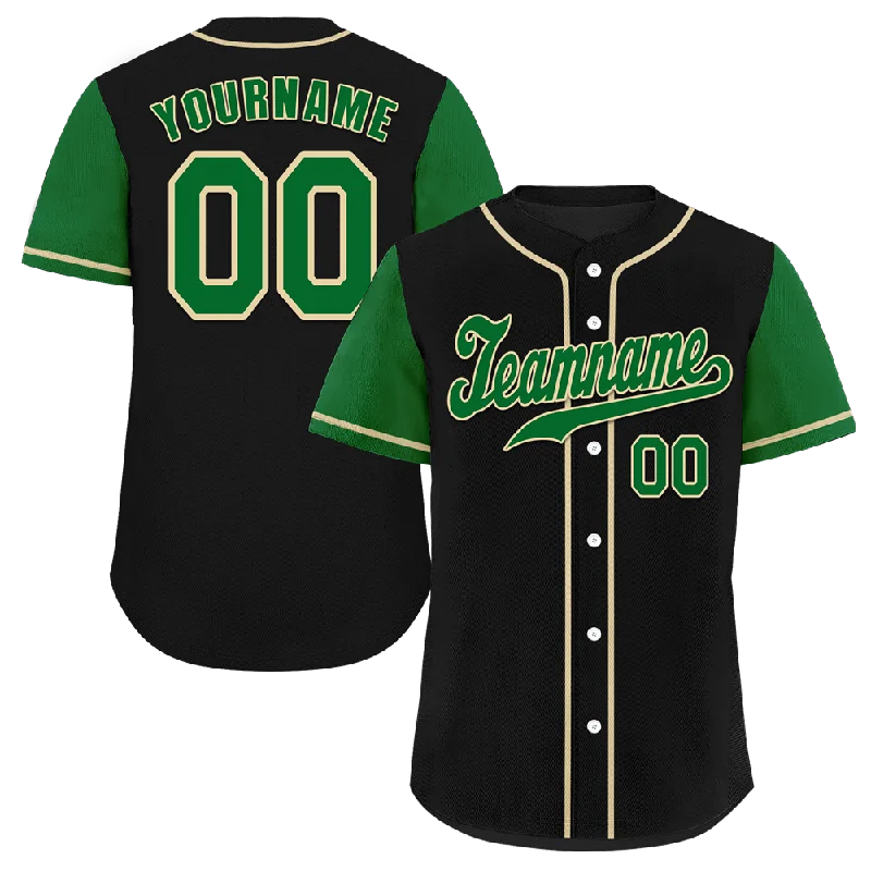 Baseball Jersey Men-Custom Black Green Raglan Sleeves Green Authentic Baseball Jersey