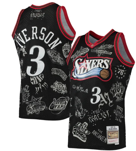 Basketball Jersey TV Show-Men's Philadelphia 76ers #3 Allen Iverson Mitchell & Ness Black 1997-98 Hardwood Classics Tattoo Swingman Stitched Basketball Basketball Jersey