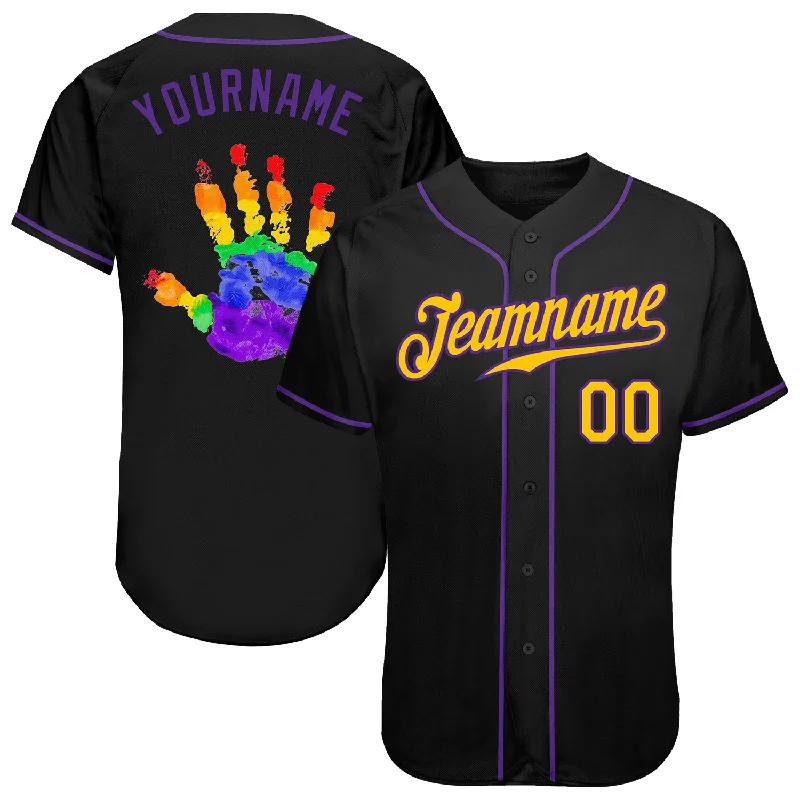 Baseball Jersey Online Exclusive-Custom Black Gold-Purple Rainbow Colored Hand For Pride LGBT Authentic Baseball Jersey