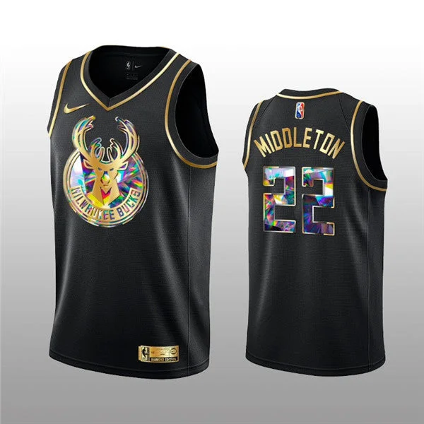 Basketball Jersey Sun Protection-Men's Milwaukee Bucks #22 Khris Middleton 2021/22 Black Golden Edition 75th Anniversary Diamond Logo Stitched Basketball Basketball Jersey