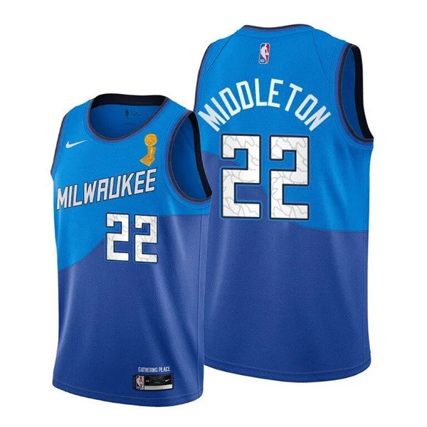 Basketball Jersey Thanksgiving-Men's Milwaukee Bucks #22 Khris Middleton 2021 Blue Finals Champions Stitched Basketball Basketball Jersey