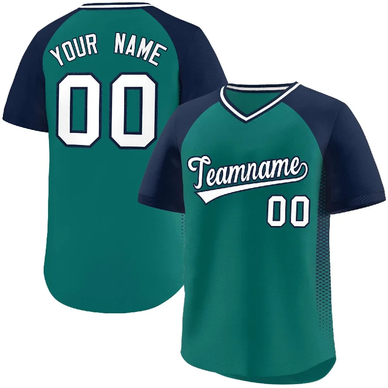 Baseball Jersey Team-Custom Aqua Navy Raglan Sleeves Side Spot Authentic Pullover Baseball Jersey