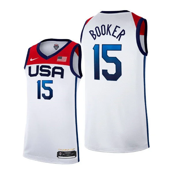 Basketball Jersey Gym-Men's USA Basketball #15 Devin Booker 2021 White Olympics Stitched Home Basketball Jersey