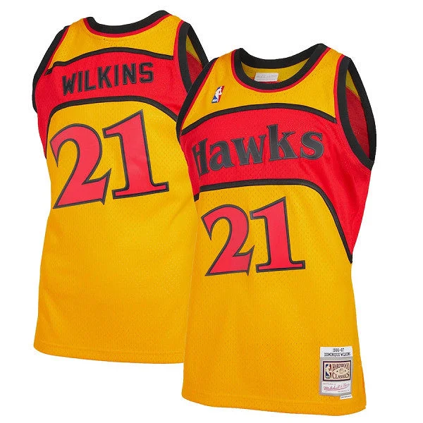 Basketball Jersey Playoff-Men's Atlanta Hawks #21 Dominique Wilkins Orange and Red 1986-87 Throwback Swingman Stitched Basketball Jersey