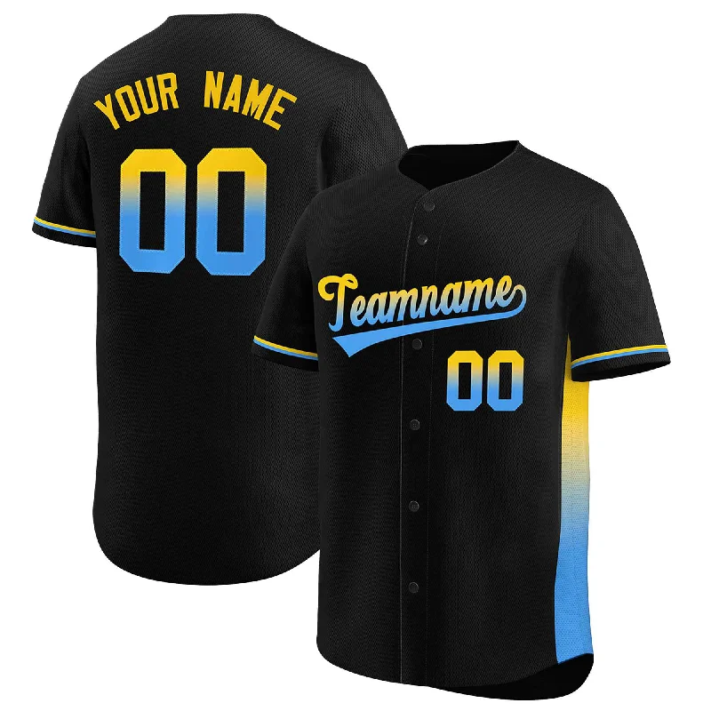 Baseball Jersey Sweatproof-Custom Black Gold-Powder Blue Personalized Gradient Font And Side Design Authentic Baseball Jersey