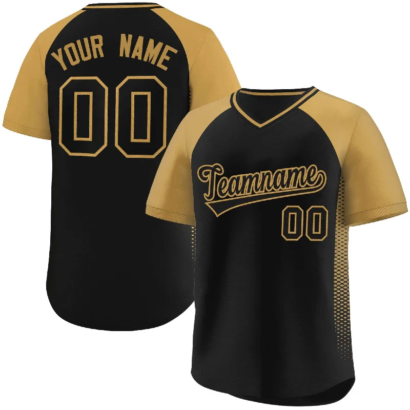 Baseball Jersey Bulk Order-Custom Black Old Gold Raglan Sleeves Side Spot Authentic Pullover Baseball Jersey