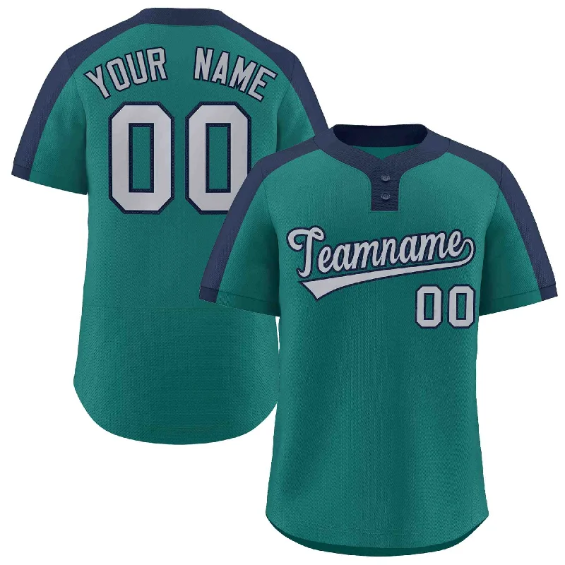 Baseball Jersey Recycled Fabric-Custom Aqua Gray-Navy Classic Style Authentic Two-Button Baseball Jersey