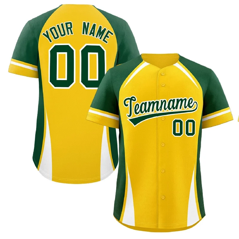 Baseball Jersey V-Neck-Custom Gold Green-White Personalized Color Block Authentic Baseball Jersey