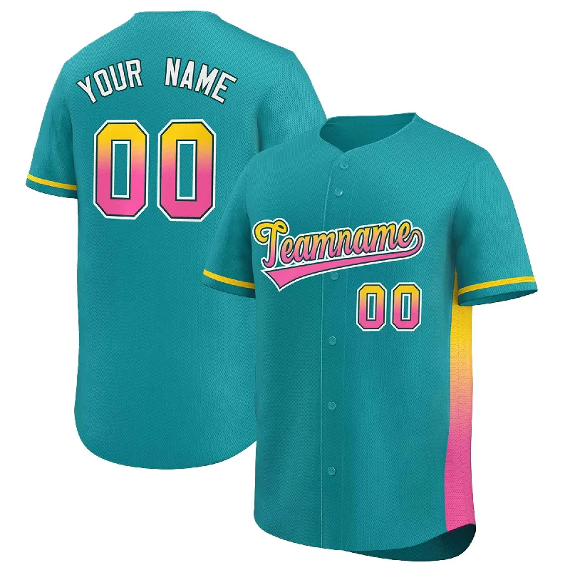 Baseball Jersey Budget-Friendly-Custom Aqua Gold-Pink Personalized Gradient Font And Side Design Authentic Baseball Jersey