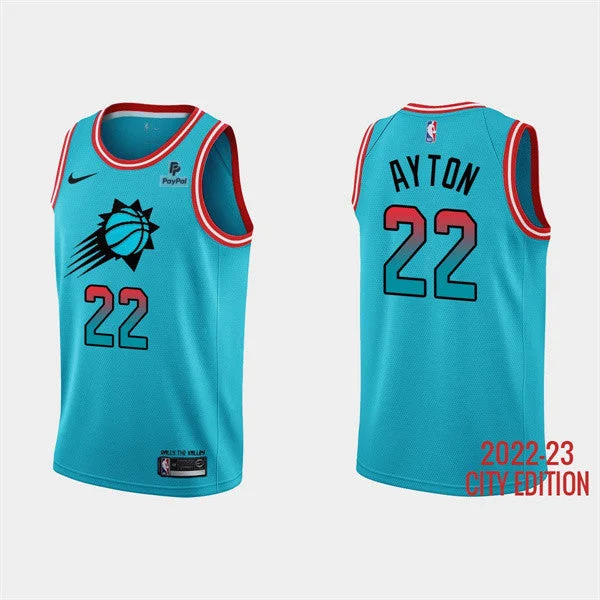 Basketball Jersey Cyber Monday-Men's Phoenix Suns #22 Deandre Ayton Blue 2022/23 City Edition With Black Payple Patch Stitched Basketball Basketball Jersey