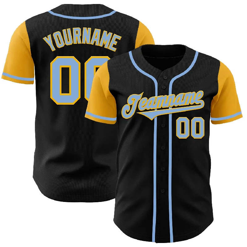 Baseball Jersey Plaid-Custom Black Light Blue-Gold Authentic Two Tone Baseball Jersey