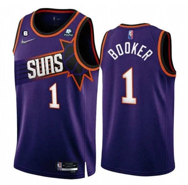 Basketball Jersey Mother’s Day-Men's Phoenix Suns #1 Devin Booker 2022/23 Purple 75th Anniversary Icon Edition With NO.6 Patch Stitched Basketball Jersey